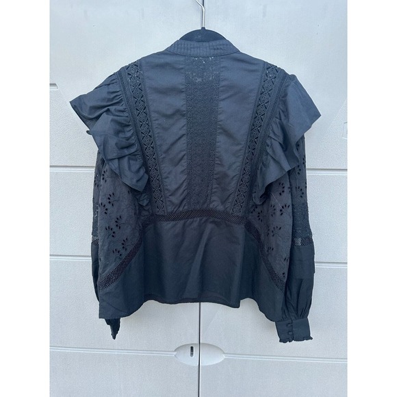 AllSaints Black Prim Broderie Eyelet Ruffled Bubble Sleeves Top Size 4 - Picture 10 of 15